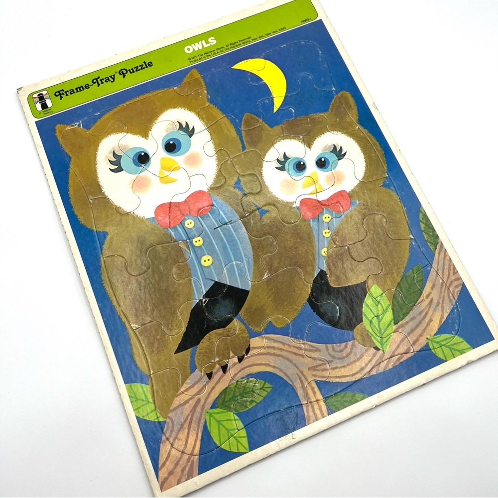 Vintage 1971 Frame-Tray Puzzle By Rainbow Works Owls in Bow Ties, Child’s Puzzle
